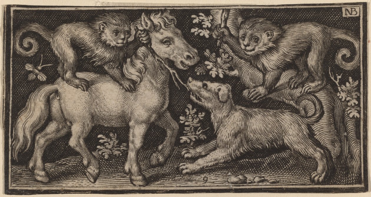 Paard met twee apen en een hond door Nicolaes de Bruyn