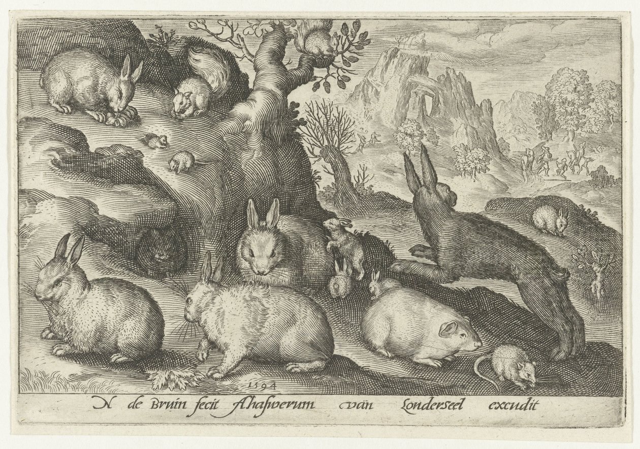 Konijnen, eekhoorn, cavia en muis door Nicolaes de Bruyn