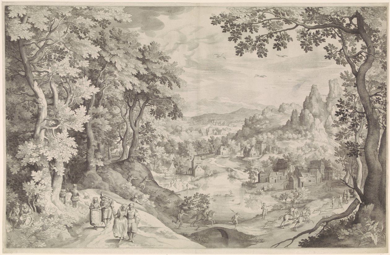 Landschap met hertenjacht door Nicolaes de Bruyn