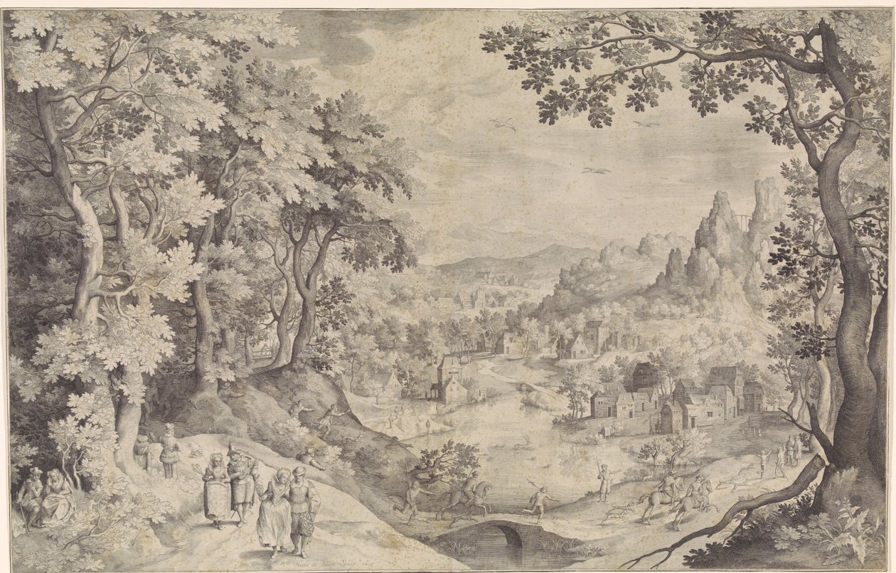 Landschap met hertenjacht door Nicolaes de Bruyn