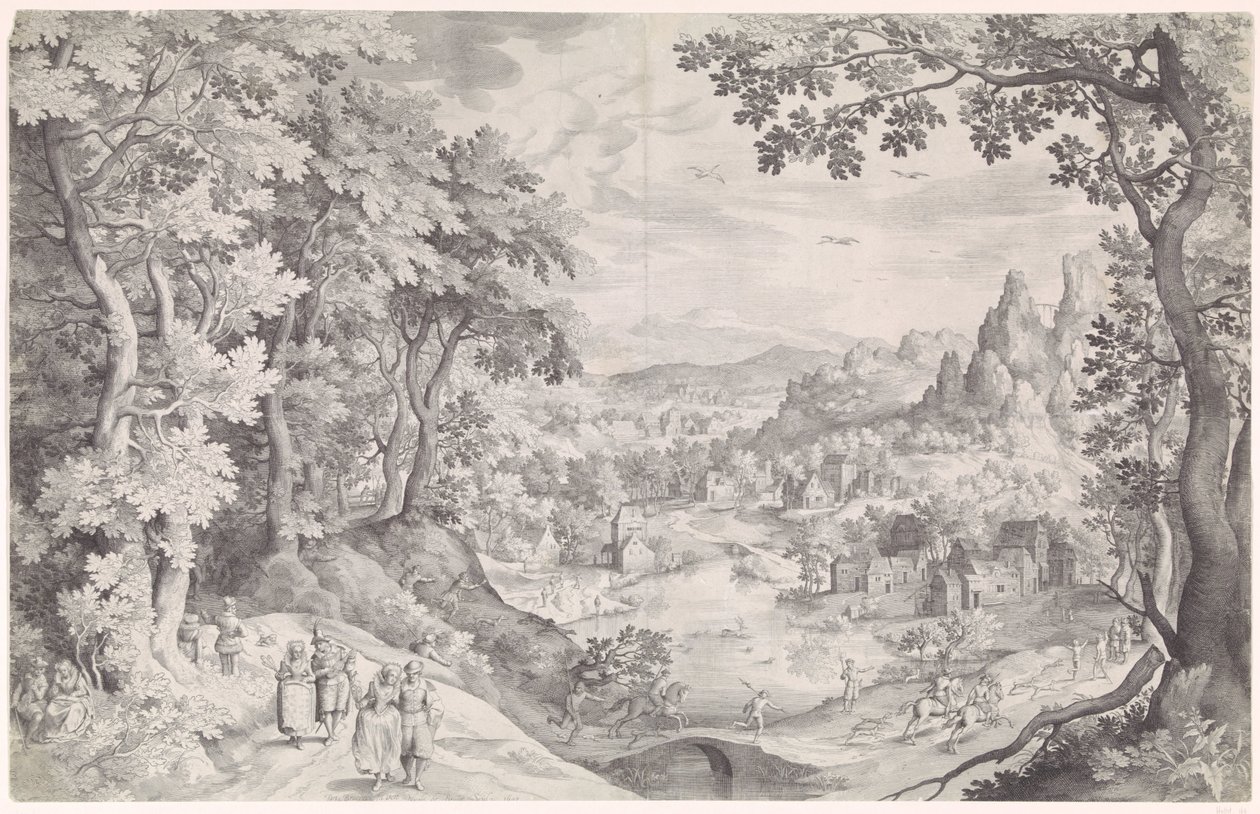 Landschap met hertenjacht door Nicolaes de Bruyn