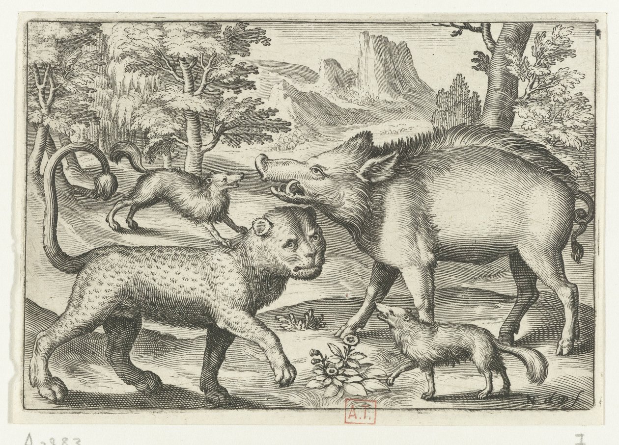 Luipaard, wild zwijn en twee honden door Nicolaes de Bruyn