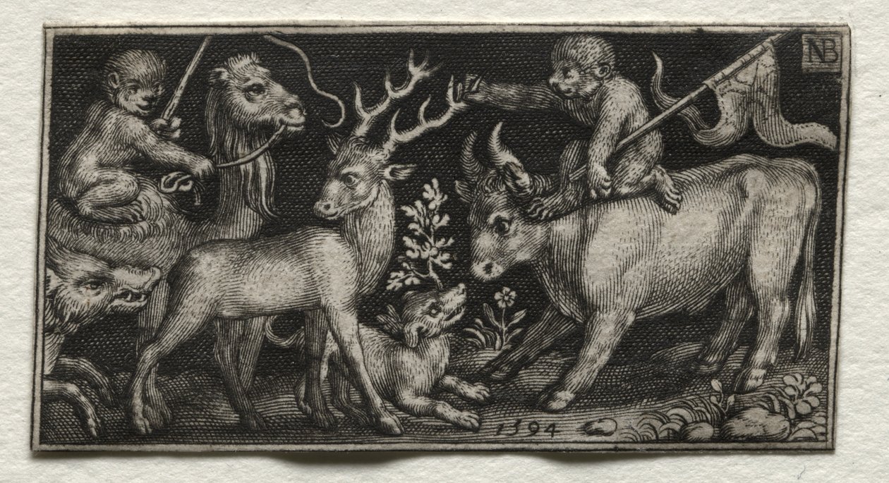 Apen rijden op een kameel en een stier door Nicolaes de Bruyn