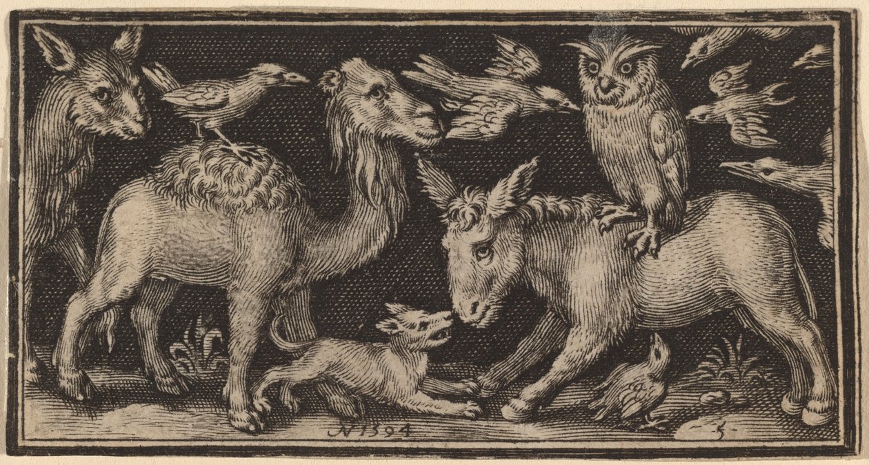 Uil op de rug van een ezel, vogel op de rug van een kameel met andere dieren door Nicolaes de Bruyn