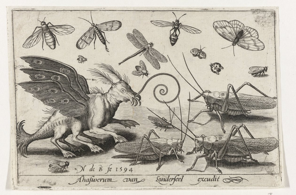 Sprinkhanen en fantasiewezen met vleugels en zwemvliezen Vogels en insecten (serie) door Nicolaes de Bruyn