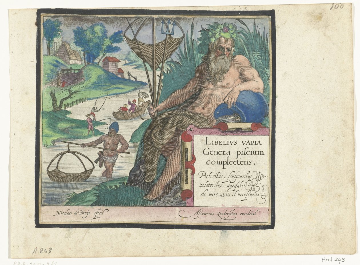 Titelprent met titel en riviergod met drietand en visnet in landschap met vissers door Nicolaes de Bruyn