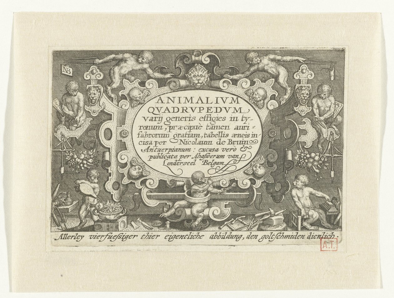 Titelprent met titel in cartouche met daaromheen apen aan het werk als goudsmid door Nicolaes de Bruyn