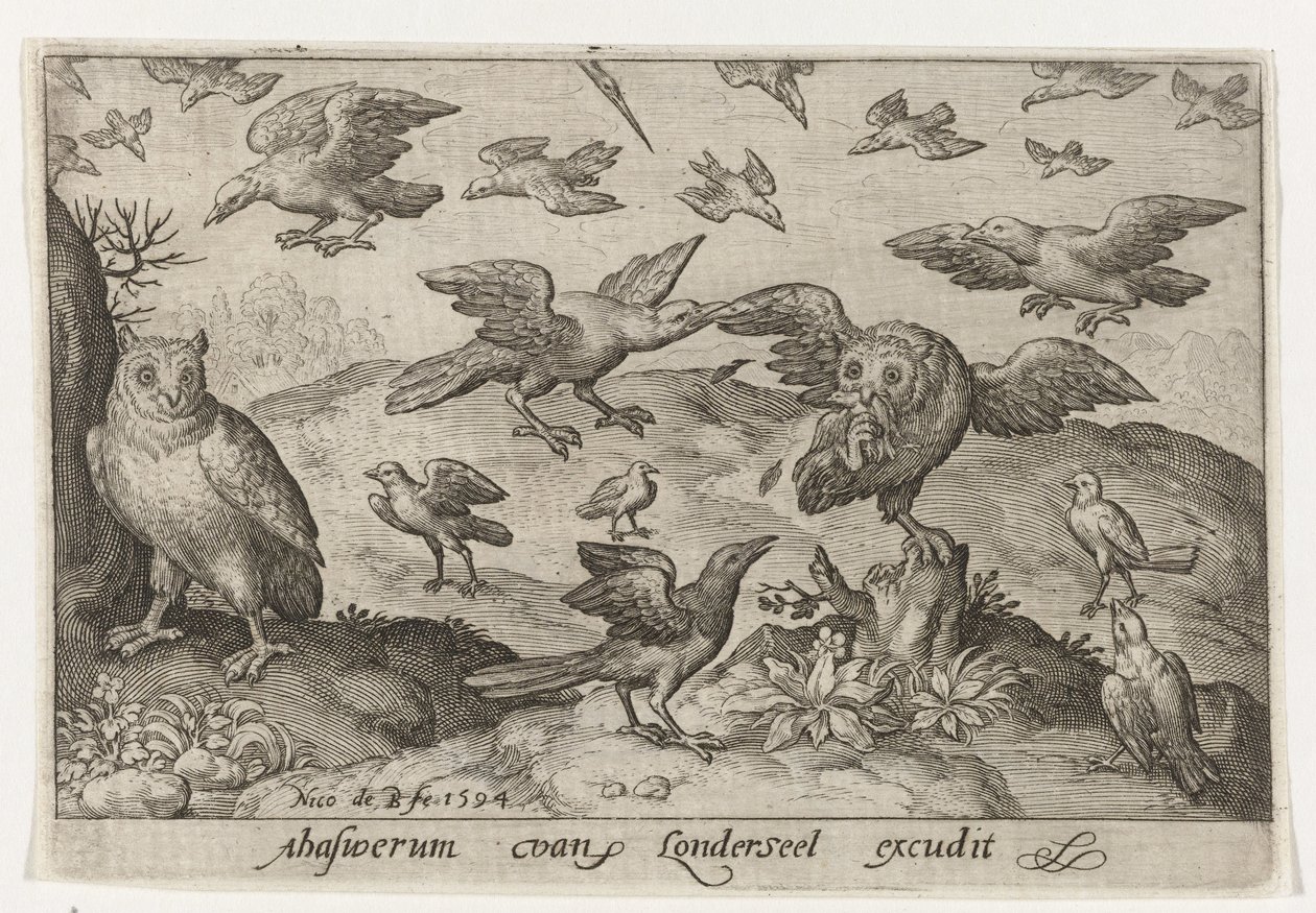 Uil met prooi belaagd door andere vogels door Nicolaes de Bruyn
