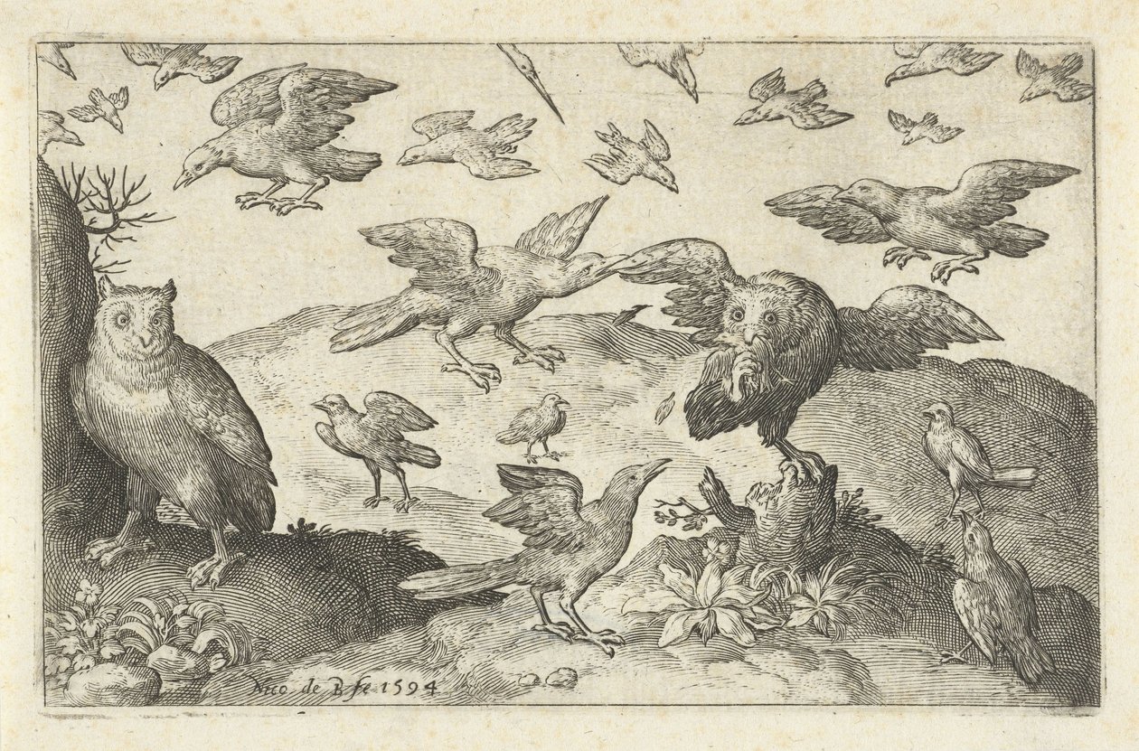 Uil met prooi belaagd door andere vogels door Nicolaes de Bruyn