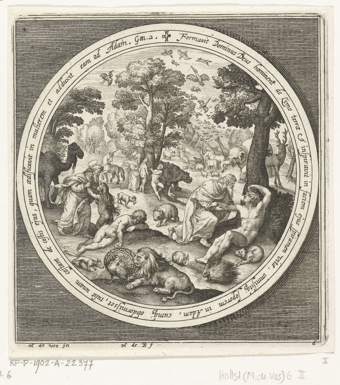 Zesde dag van schepping: God schept de dieren en Adam en Eva door Nicolaes de Bruyn