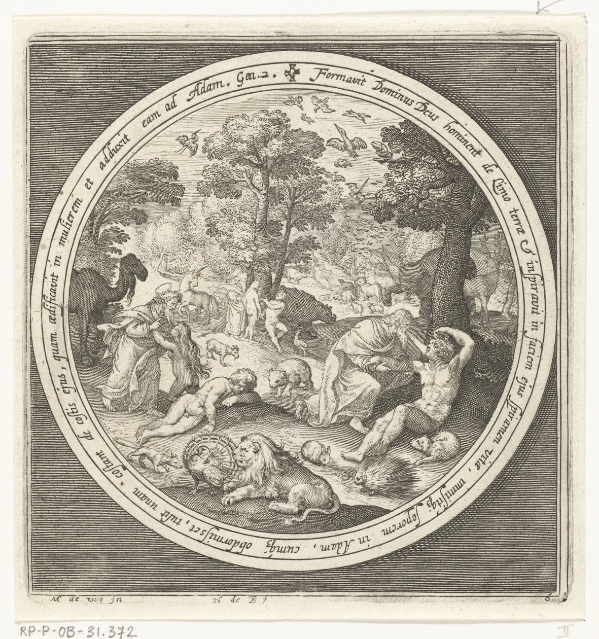 Zesde dag van schepping: God schept de dieren en Adam en Eva door Nicolaes de Bruyn