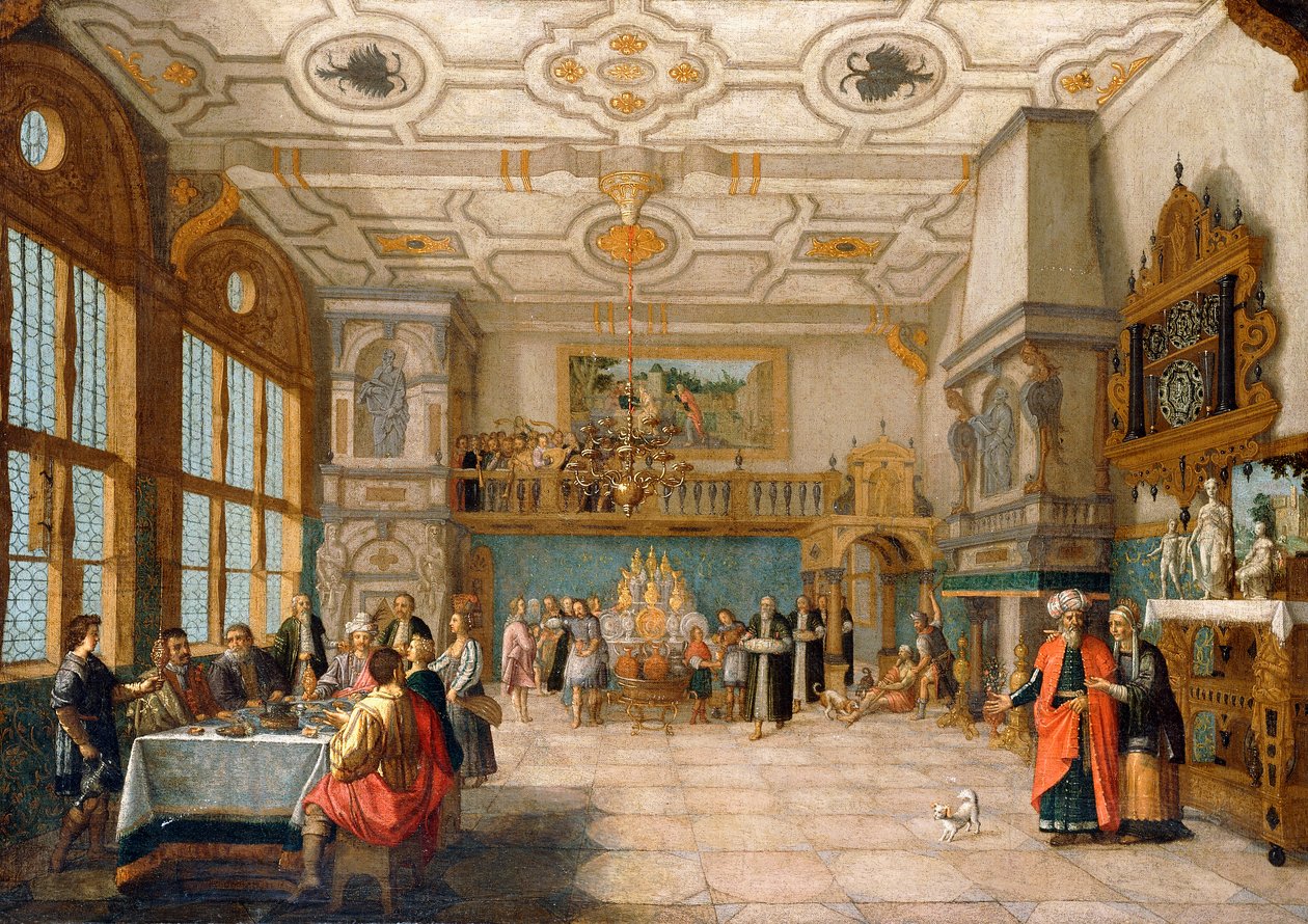 Lazarus bij de Deur van een Banketzaal met Elegante Figuren die Dineren, 1622 door Nicolaes de Gyselaer