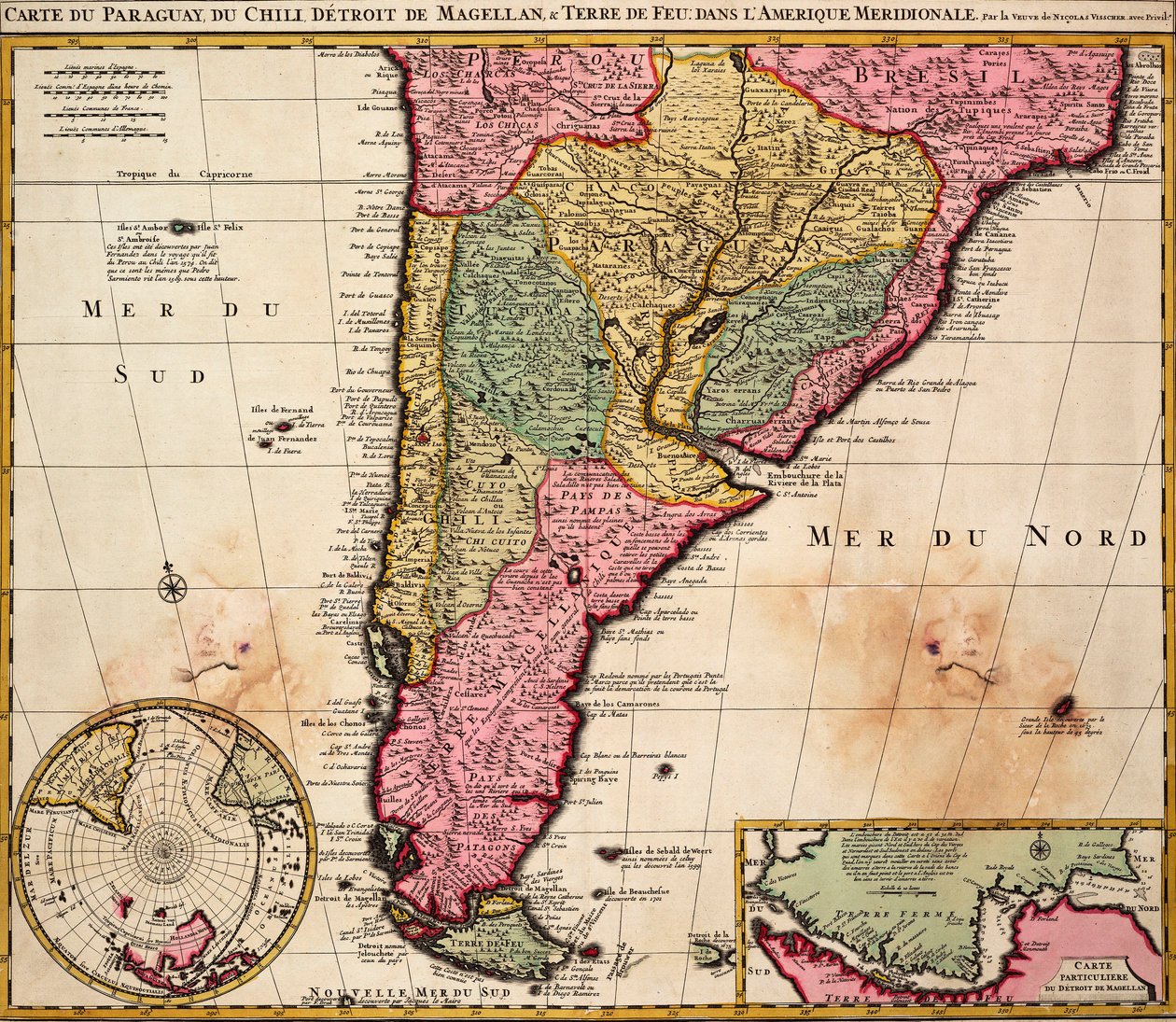 Kaart van Paraguay, Chili, Straat Magellaan en Tierra del Fuego in Zuid-Amerika, c.1720 door Nicolaes the Younger Visscher