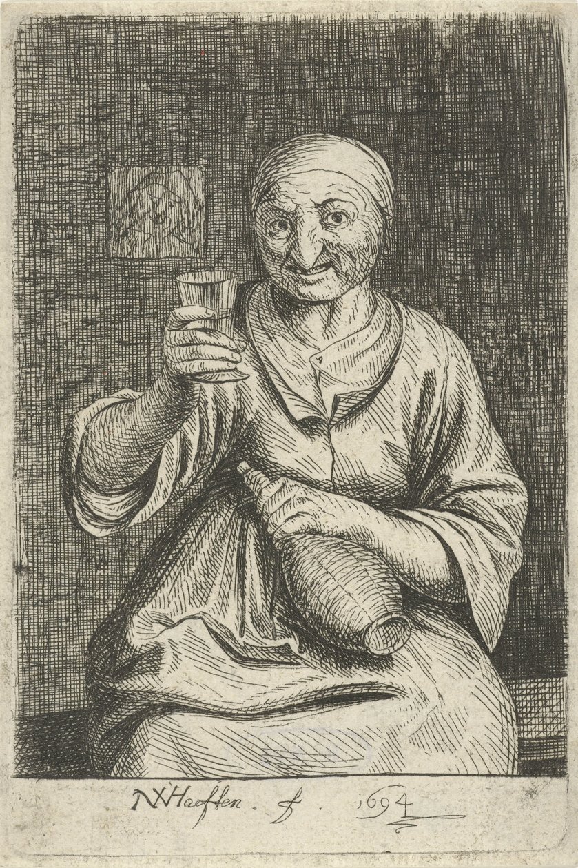 Oude vrouw met glas en kruik door Nicolaes van Haeften