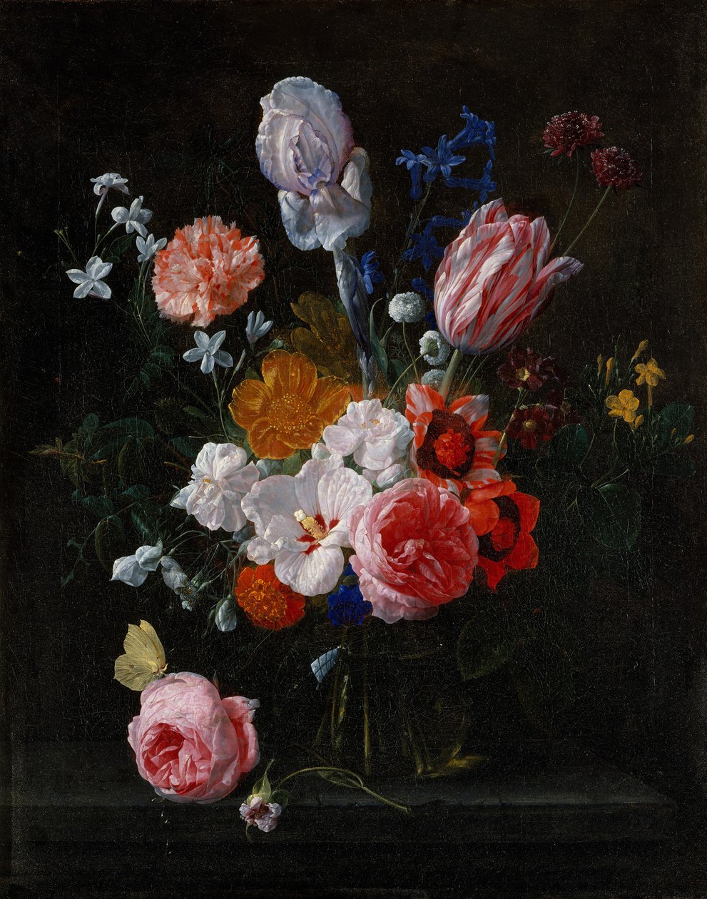 Een boeket bloemen in een kristallen vaas door Nicolaes van Veerendael