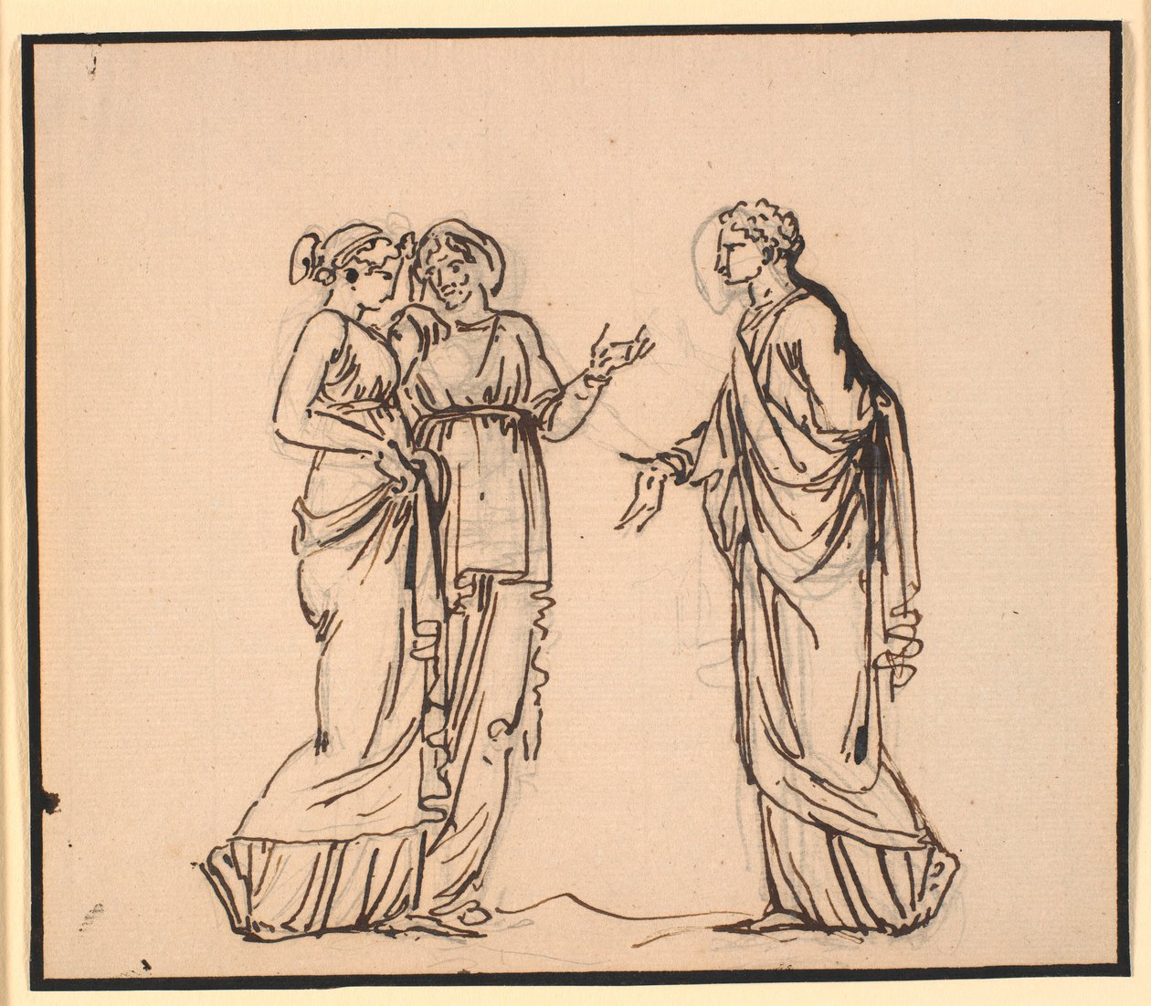 Antieke scène met drie figuren, een man die met twee vrouwen praat door Nicolai Abildgaard