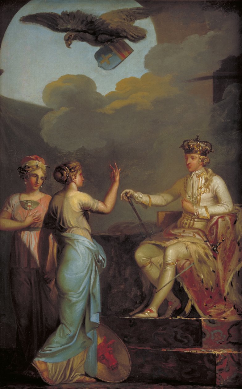 Christian VII verenigt het Hertogelijke met het Koninklijke deel van Holstein in 1773 door Nicolai Abildgaard