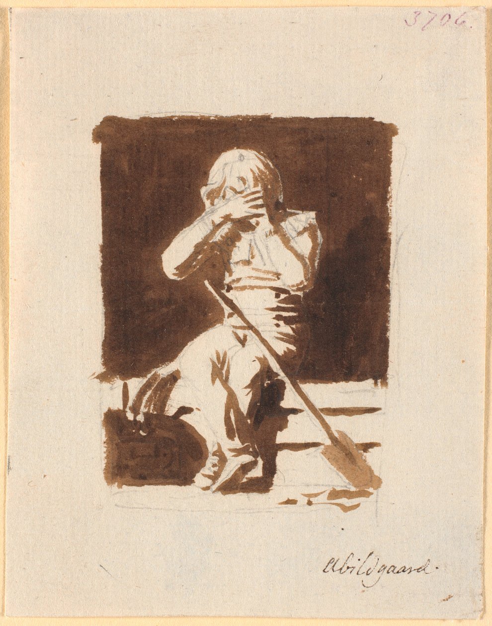 Een kleine huilende jongen, zittend met een schop of roeispaan, op de rand van een boot door Nicolai Abildgaard