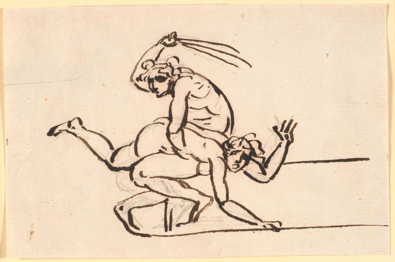 Een zittend naakt figuur die een roede zwaait naar de billen van een naakte vrouw door Nicolai Abildgaard