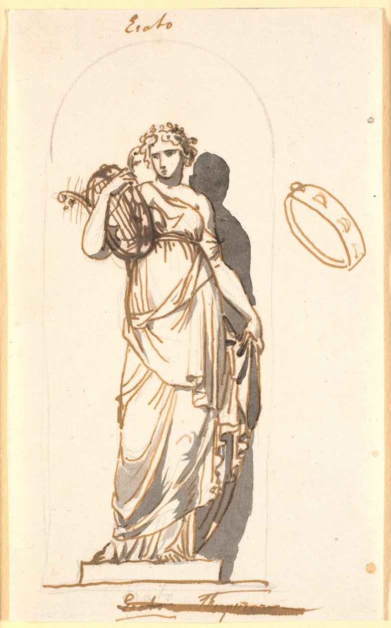 Erato, muze van de liefdespoëzie, als standbeeld in een nis door Nicolai Abildgaard
