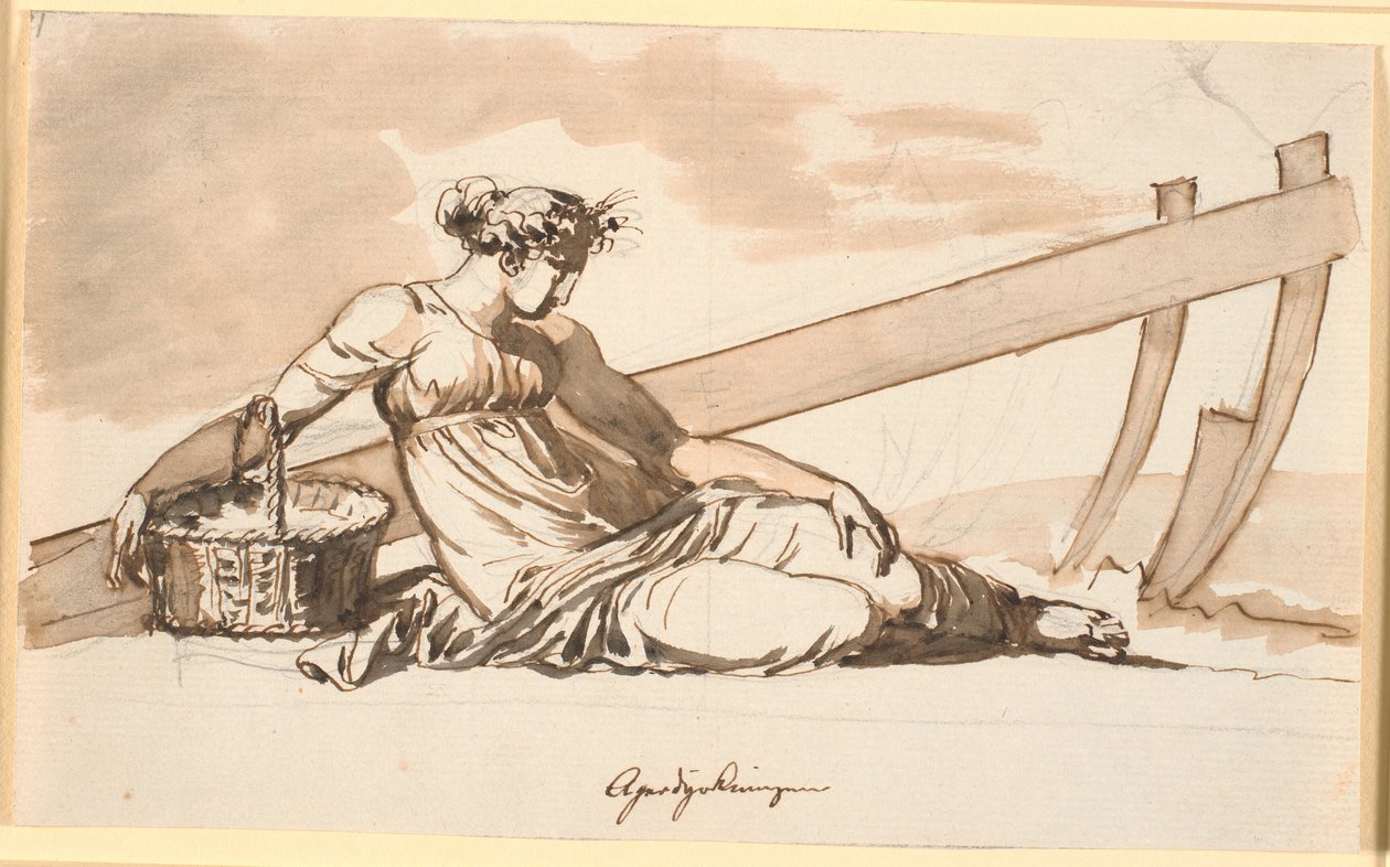Rustende vrouw voor een ploeg. Allegorie op landbouw door Nicolai Abildgaard