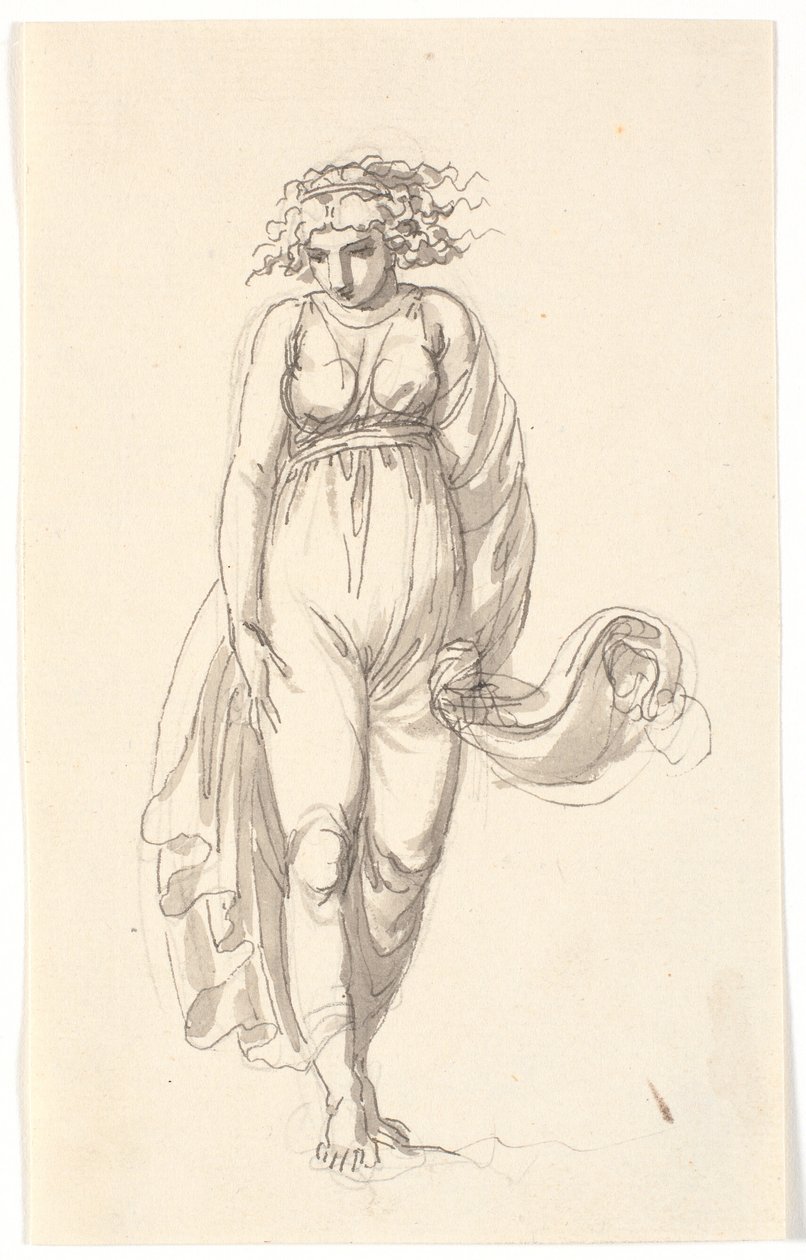 Vrouwelijke figuur en face, met kleding aangedrukt als door wind door Nicolai Abildgaard