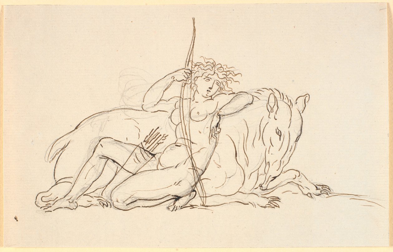 Vrouwelijk figuur met pijlen en koker, zittend leunend tegen een fantasiedier (mogelijk een miereneter). Allegorie op Amerika door Nicolai Abildgaard
