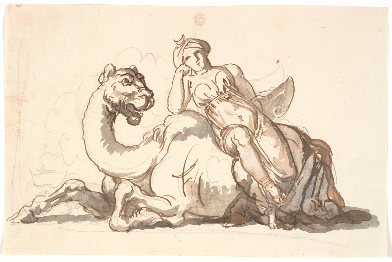 Vrouwelijke figuur met tulband en halve maan, zittend leunend tegen een fantastische kameel. Allegorie op Azië door Nicolai Abildgaard