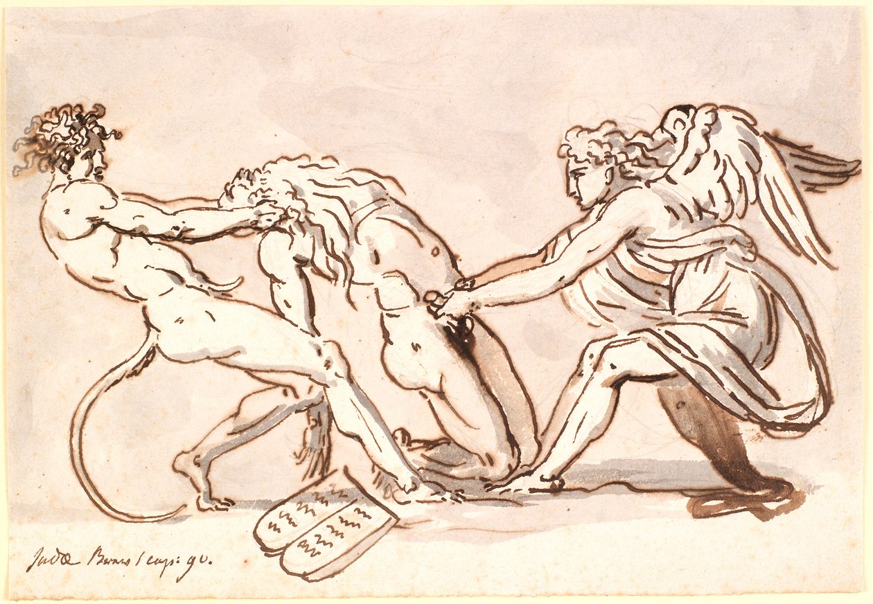 Aartsengel Michaël die strijdt met de duivel over het lichaam van Mozes door Nicolai Abildgaard