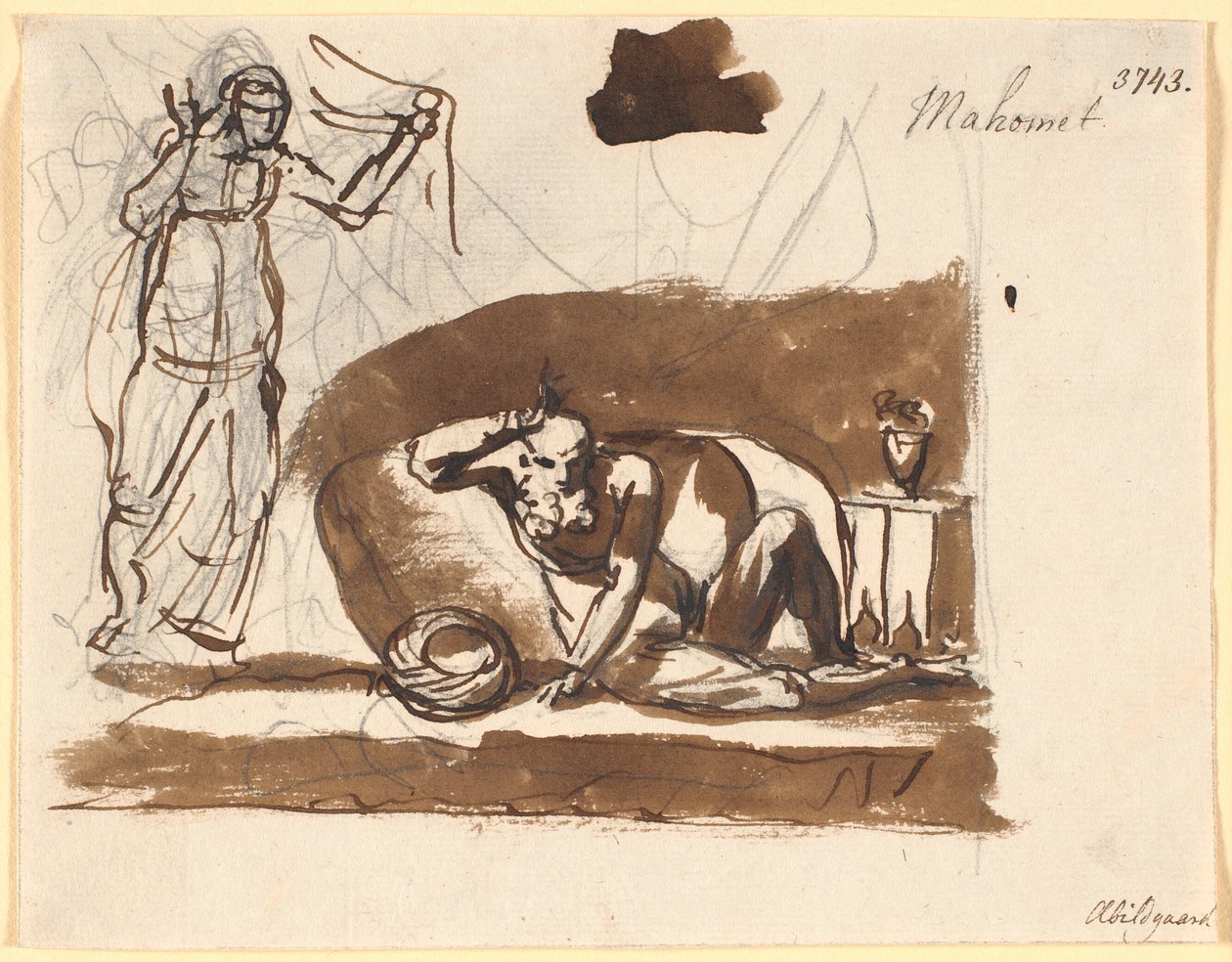 Muhamed, zittend tussen kussens, links een vrouwenfiguur door Nicolai Abildgaard