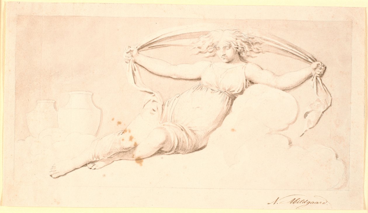 De nacht, een rustende vrouwenfiguur. Uitgevoerd als grisaille. Zelfde compositie als Td 542,38 maar zonder vleugels en met los haar door Nicolai Abildgaard