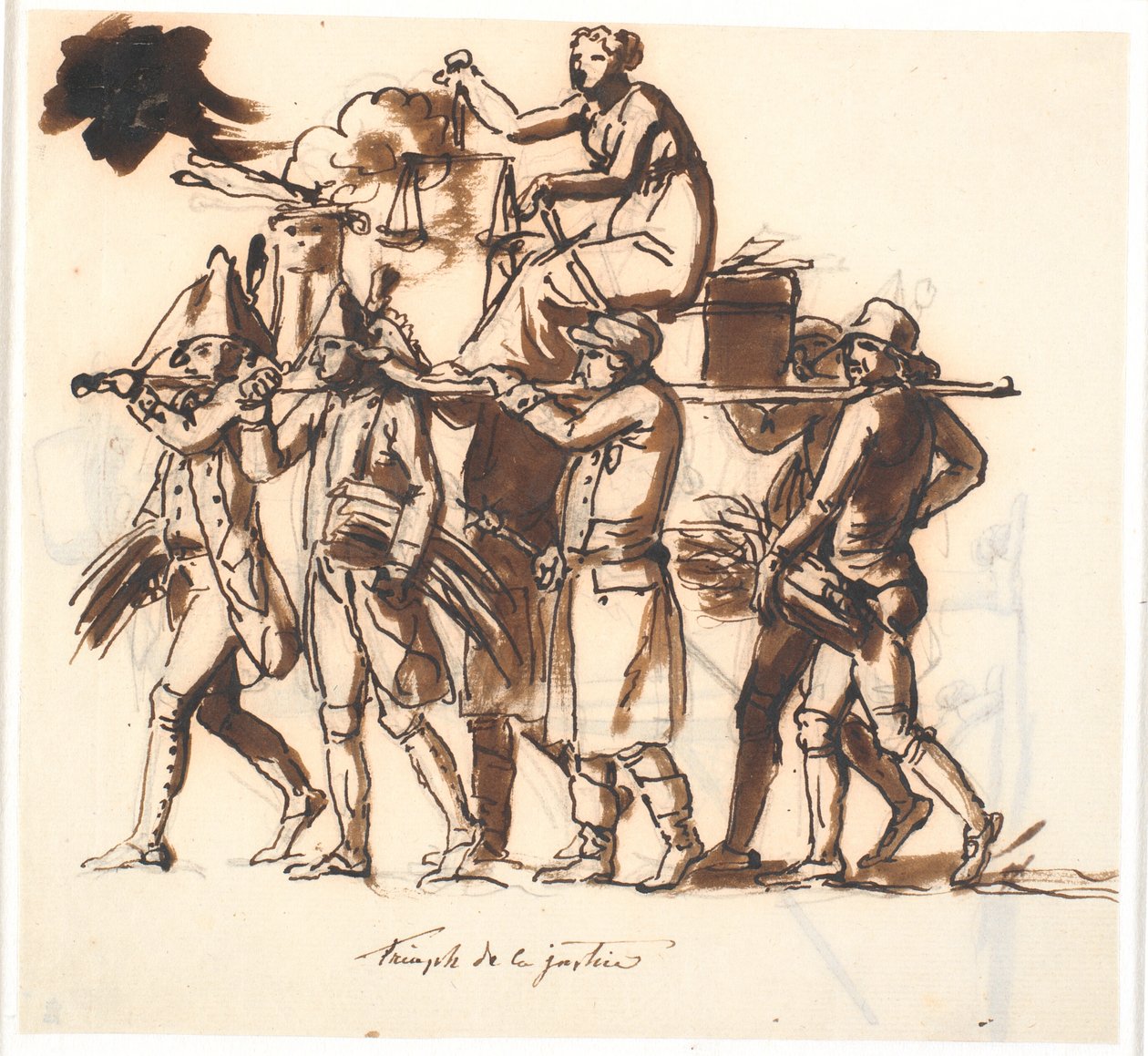 Triomf van gerechtigheid. Zes mannen dragen een draagbaar waarop de vrouwelijke figuur van gerechtigheid zit met een weegschaal door Nicolai Abildgaard