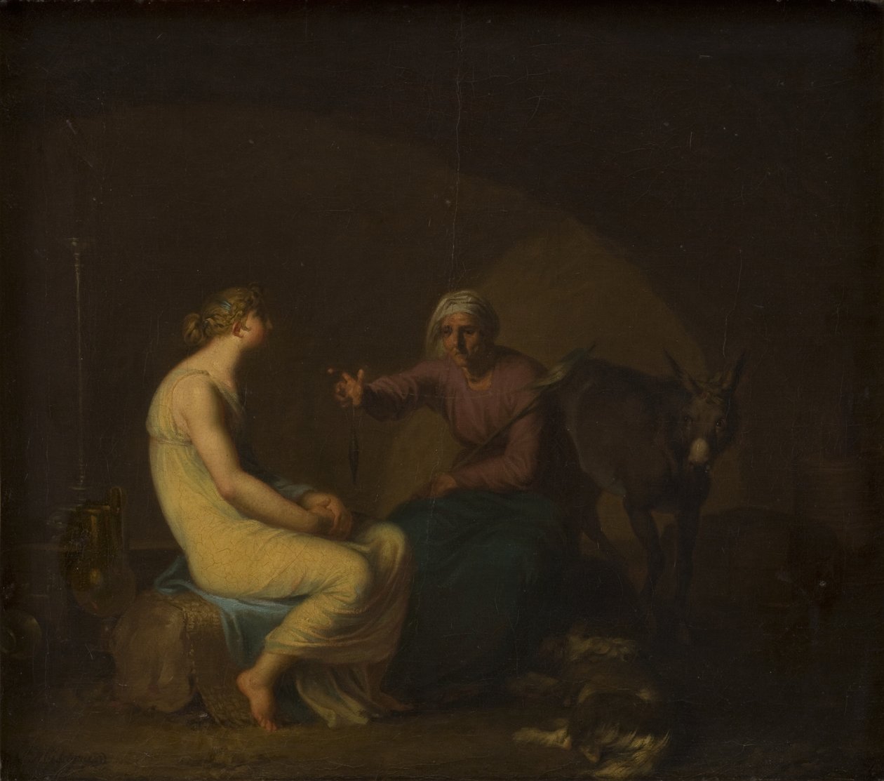 De huishoudster van de roverbende troost het jonge meisje door de mythe van Amor en Psyche te vertellen. Motief uit Apulejus: De gouden ezel door Nicolai Abildgaard