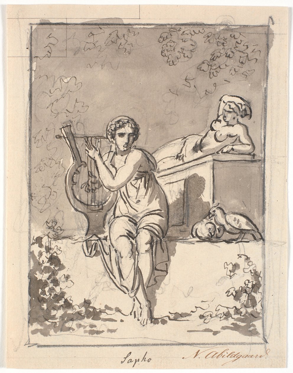 Sappho, zittend met haar lier, op de achtergrond rust een hermafrodiet door Nicolai Abildgaard