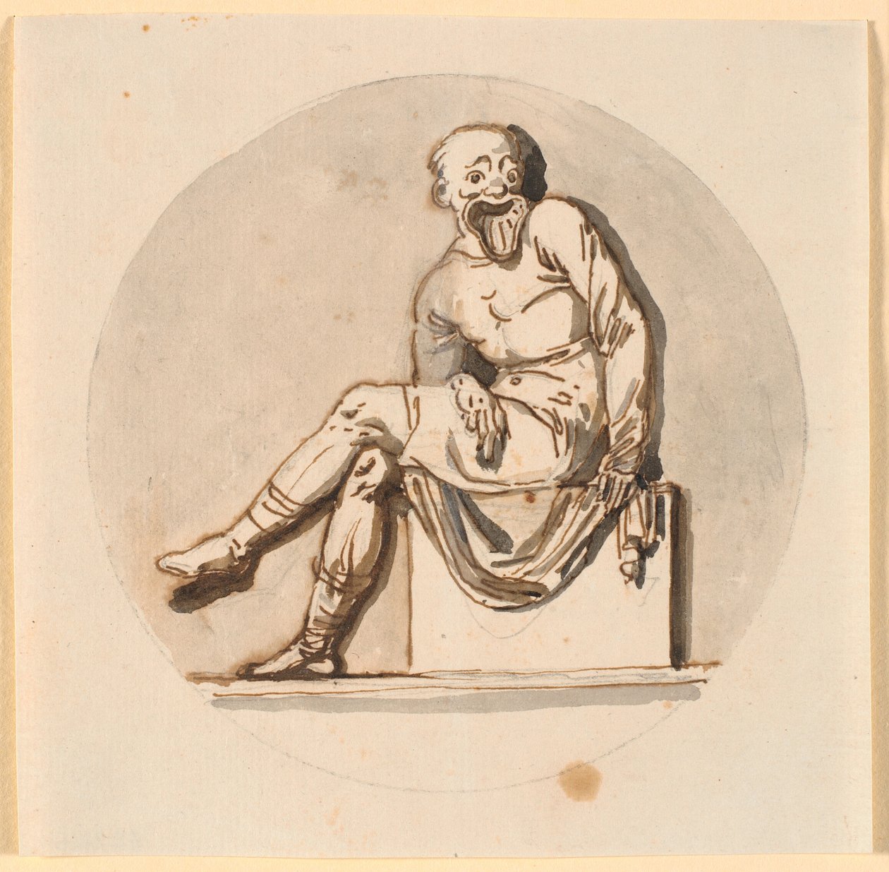 Zittende maskerfiguur, cirkelvormig ingelijst. Ontwerp voor decoratie in het theehuis in Sorgenfri park door Nicolai Abildgaard