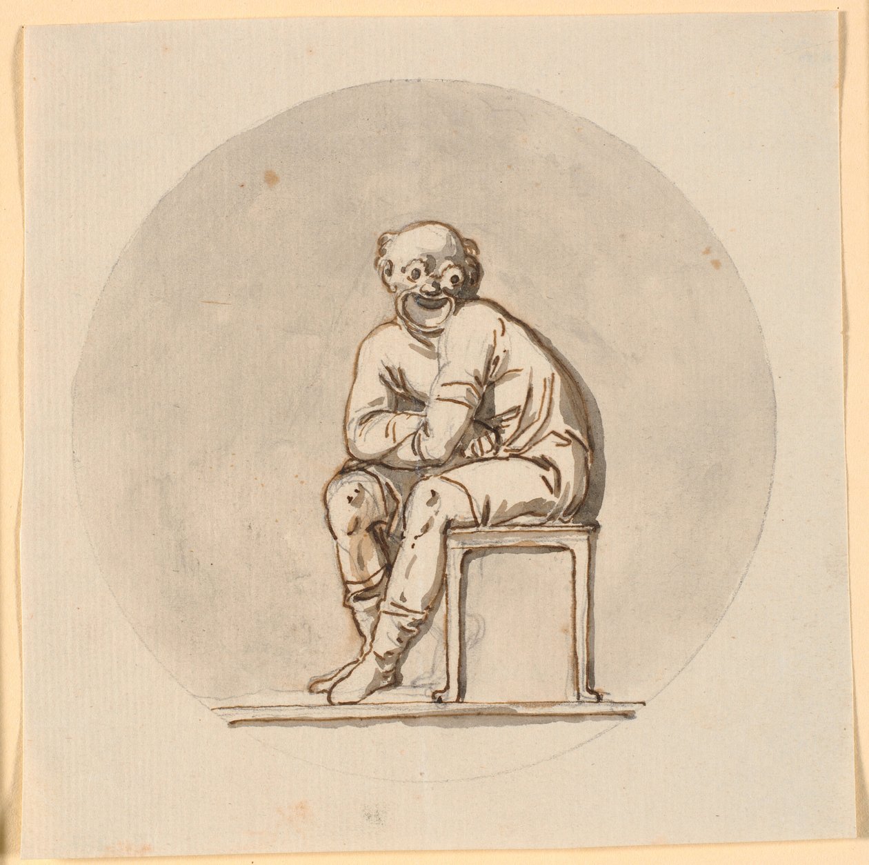 Zittend maskerfiguur, cirkelvormig ingelijst. Ontwerp voor decoratie in het theehuis in Sorgenfri park door Nicolai Abildgaard