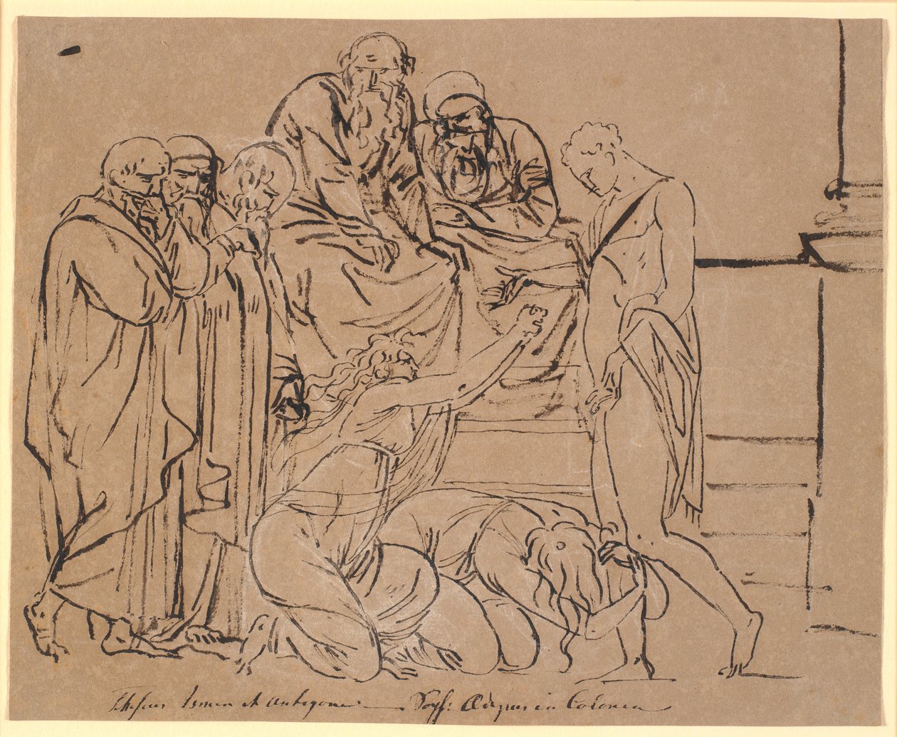 Theseus wordt gesmeekt door Ismene en Antigone. Na Sophokles door Nicolai Abildgaard