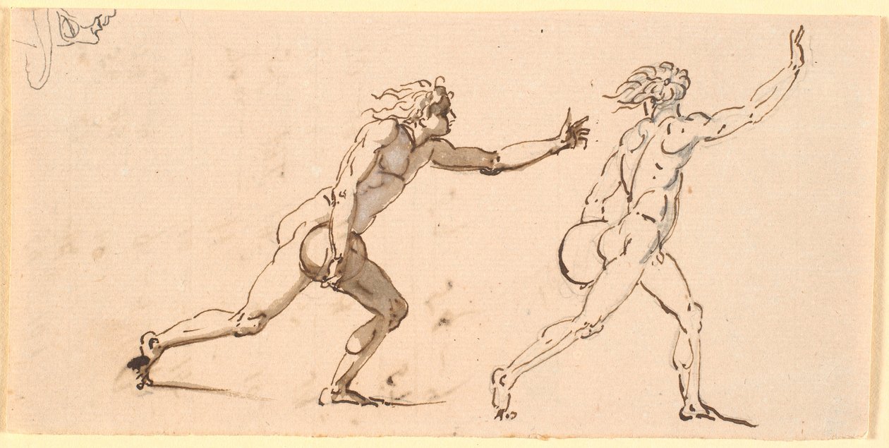 Twee naakte mannen, rennend naar rechts, elk met een grote steen in één hand, en een schets van een gezicht in profiel door Nicolai Abildgaard