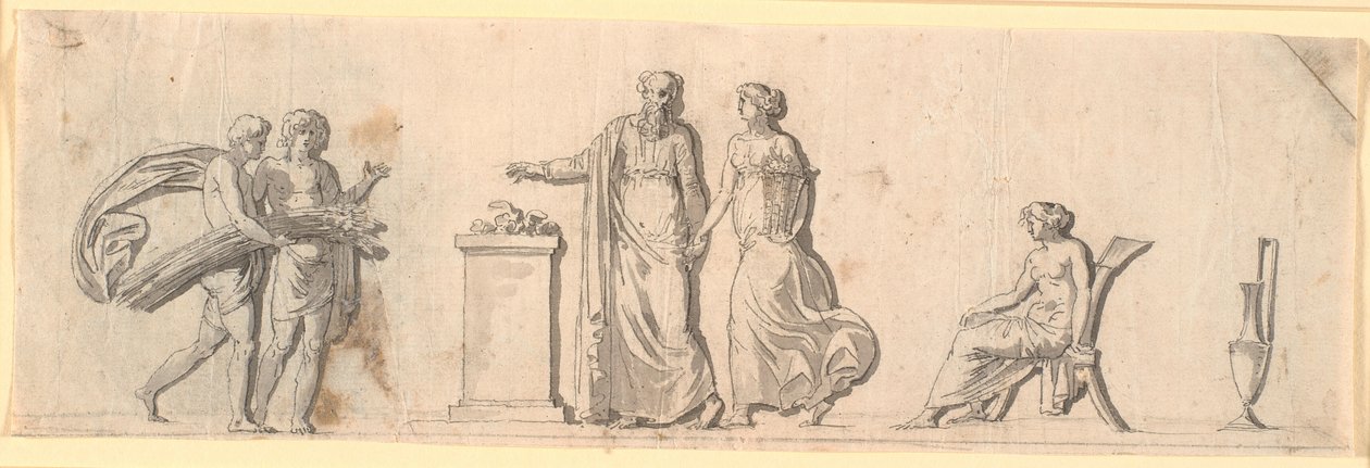 Ontwerp voor decoratie van een veld, vermoedelijk een beschilderde houten plaat op een meubel. Antieke figuren met bloemenmanden en koren bij een altaar door Nicolai Abildgaard
