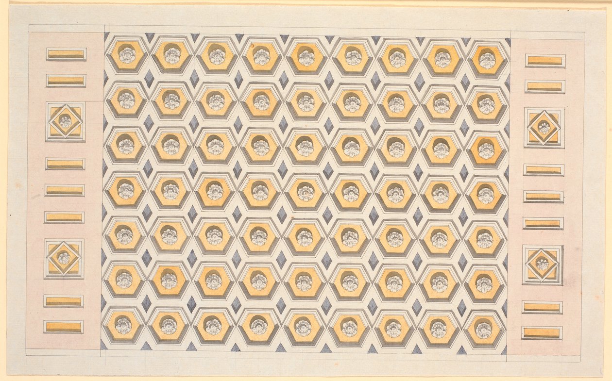 Ontwerp voor plafond met zeshoekige kassettes en rozetten in geel en violet door Nicolai Abildgaard