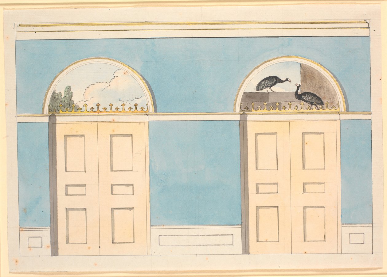 Ontwerp voor muurschildering met halfronde panelen boven twee deuren, op blauwe muren door Nicolai Abildgaard