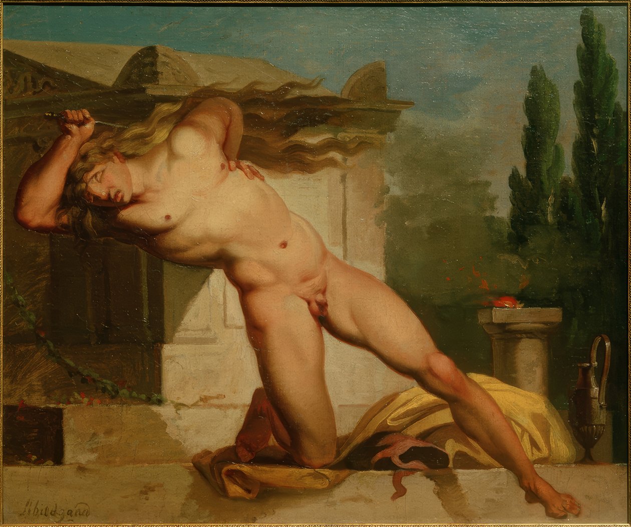Adrastos doodt zichzelf bij het graf van Atys door Nicolai Abraham Abildgaard