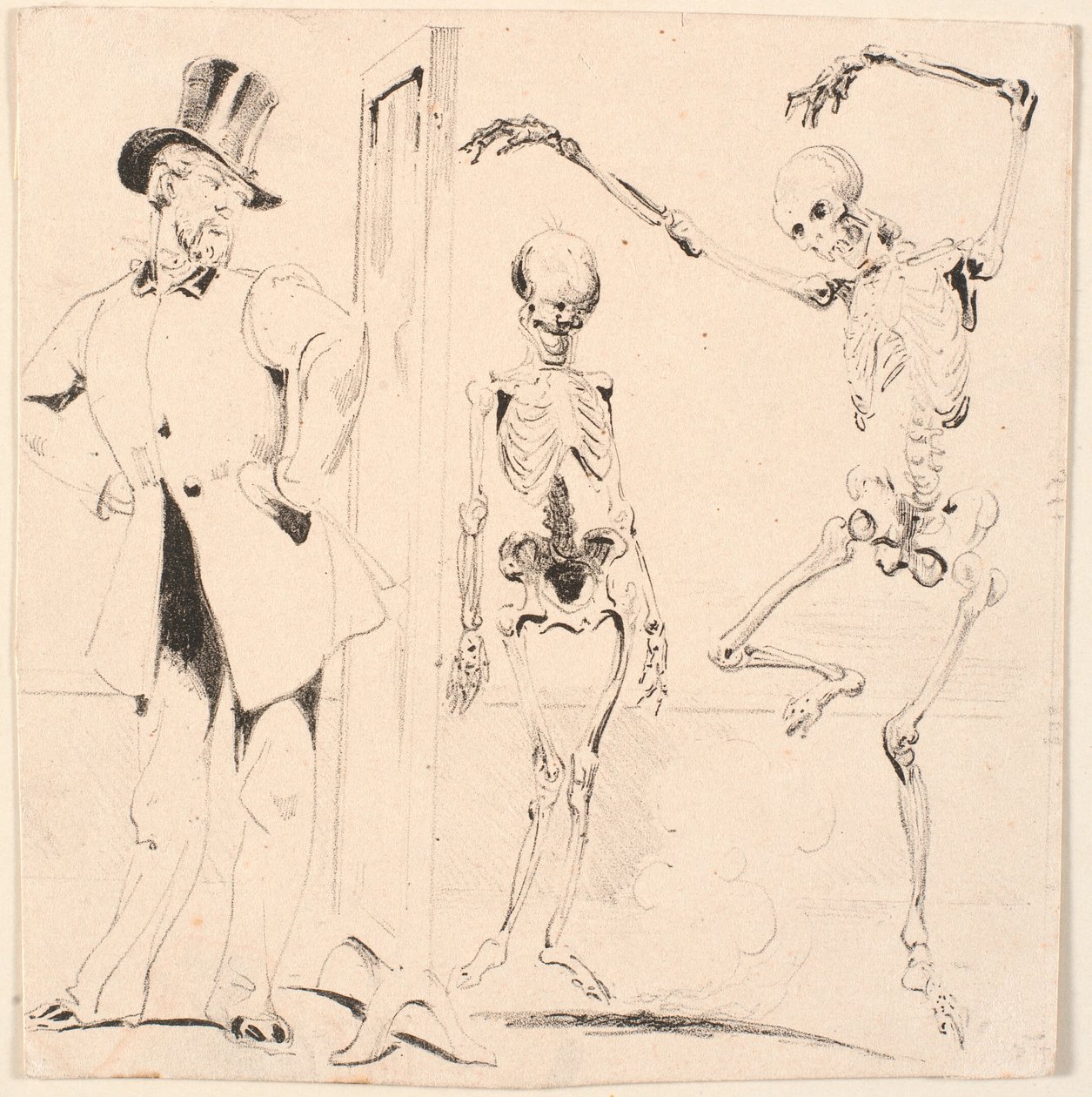 Proefblad. Heer past kleding voor spiegel. Twee skeletten door Nicolai Habbe