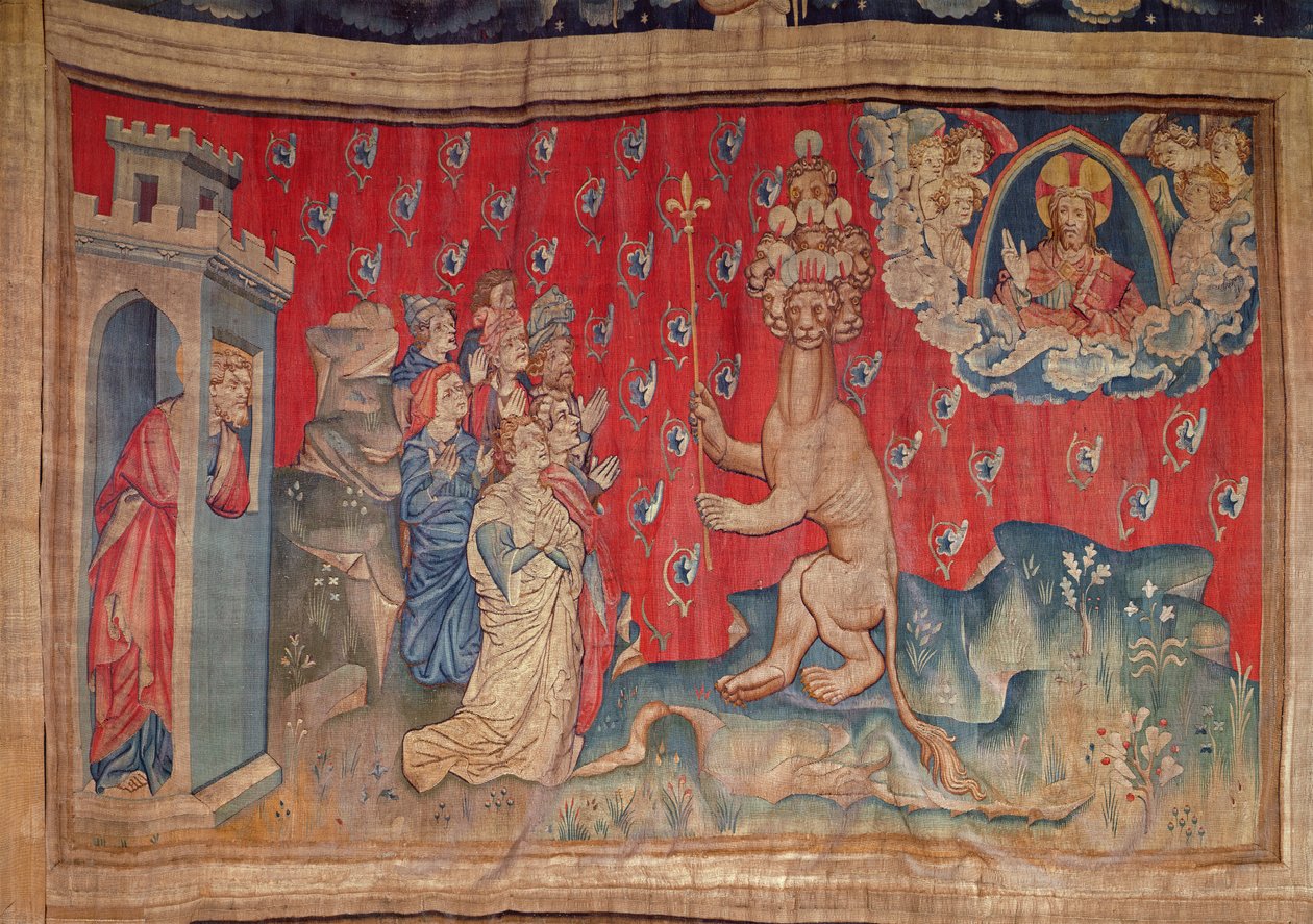 Aanbidding van het Beest, uit de Apocalyps Tapestry van Angers, 1373-87 door Nicolas Bataille