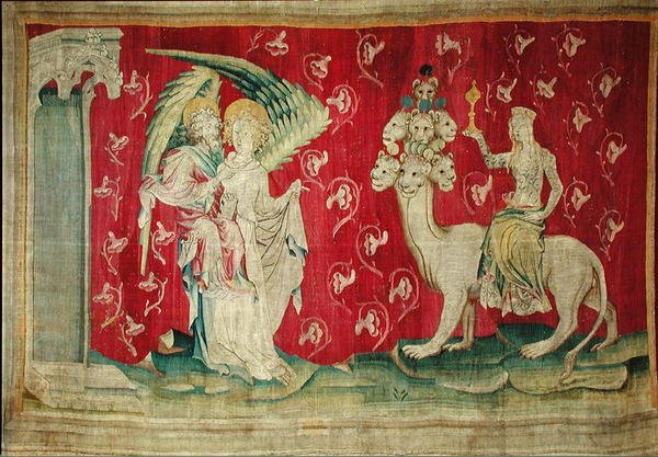 De hoer rijdend op het beest, nr. 65 uit De Apocalyps van Angers, 1373-87 door Nicolas Bataille