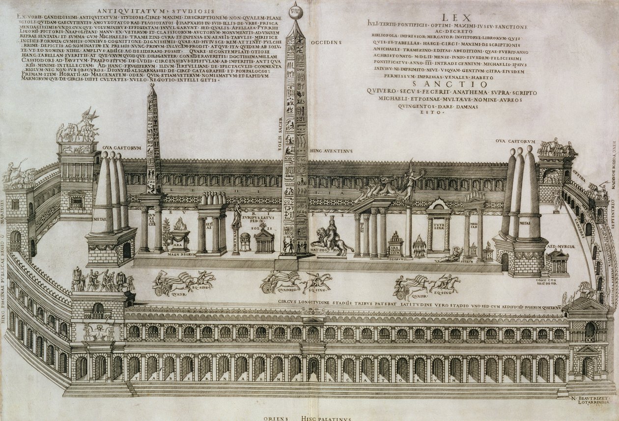 Plan van het Circus Maximus, Rome, gegraveerd door de kunstenaar, 1552 door Nicolas Beautrizet