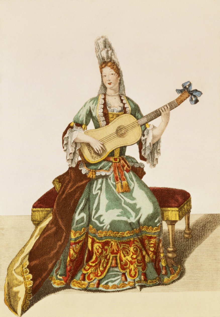 Dame van Kwaliteit die Gitaar Speelt, modeplaat, ca.1695 door Nicolas Bonnart