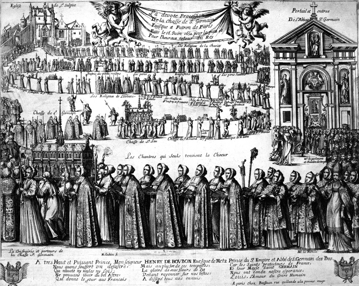 Processie van het heiligdom van St. Germain en anderen van de abdij van Saint-Germain-des-Prés naar de kerk van Saint-Sulpice, Parijs, c.1652 door Nicolas Cochin
