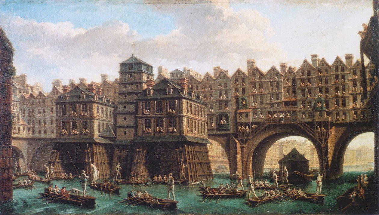 De wedstrijd van de schippers tussen de Pont-Notre-Dame en de Pont-au-Change door Nicolas-Jean-Baptiste Raguenet
