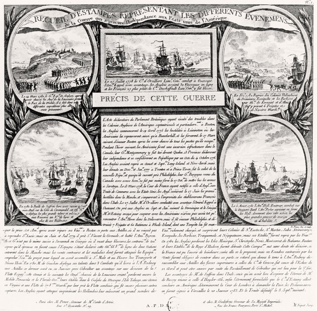 Verzameling gravures die de Amerikaanse Onafhankelijkheidsoorlog uitbeelden, eind 18e eeuw door Marie Nicolas Ponce Camus